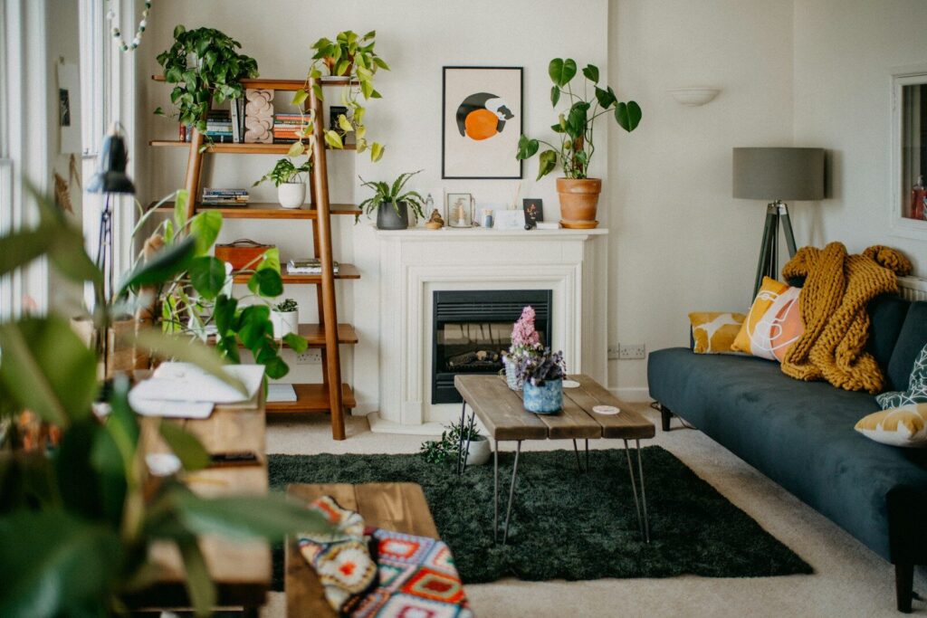 Salon d'un appartement avec des plantes, un canapé et une cheminée